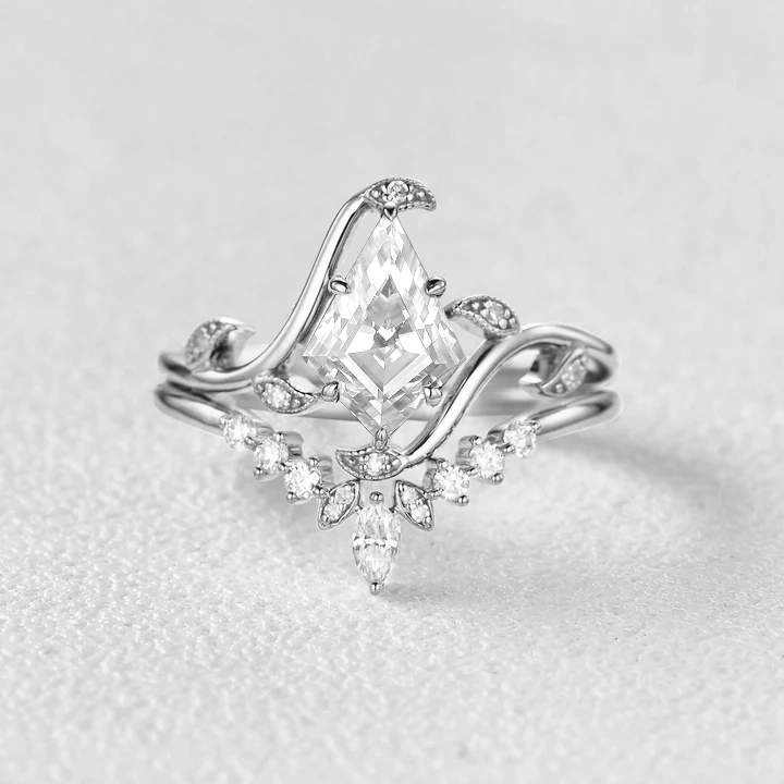 Bridal Collection Unique Kite Cut Moss Agate Leafy Engagement Ring Sets 2pcs - Ivy