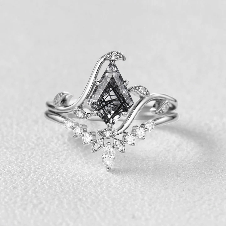 Soft Light Camera Glow Unique Kite Cut Moss Agate Leafy Engagement Ring Sets 2pcs - Ivy