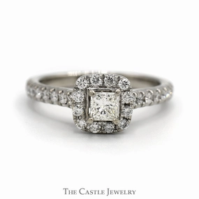 Chic Moment Model Present Princess Cut Diamond Engagement Ring with Diamond Halo and Accented Sides in 14k White Gold