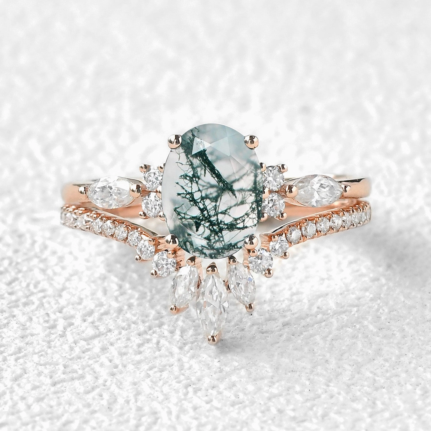 1.5ct Oval Cut Moss Agate Engagement Ring Set 2pcs - Rebecca Handmade Statement