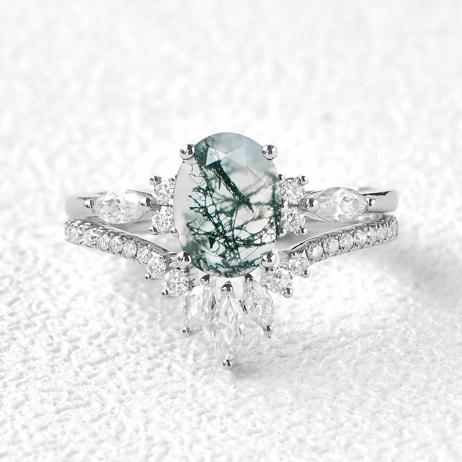 1.5ct Oval Cut Moss Agate Engagement Ring Set 2pcs - Rebecca Polished Edge Charming Accessories
