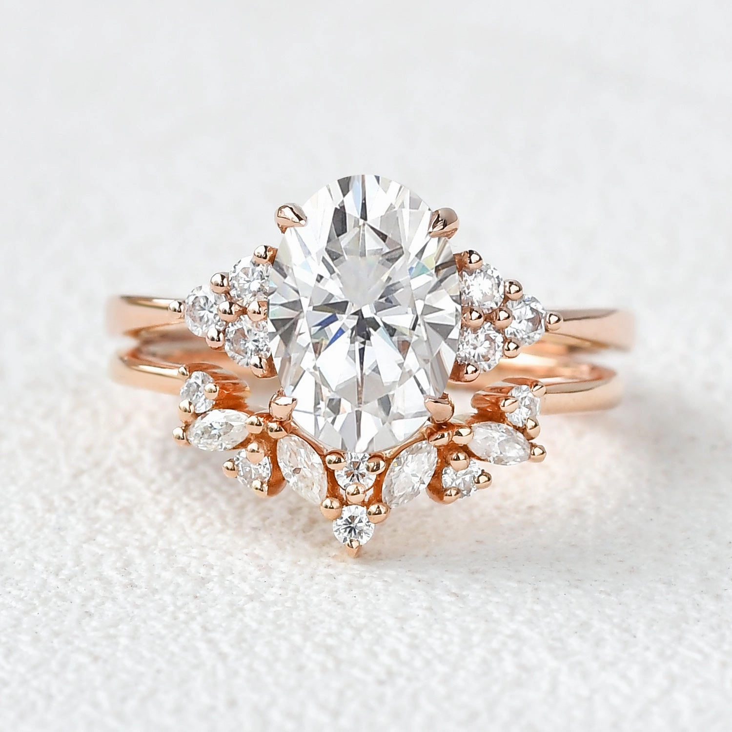 Radiant Glam Bold Pieces Design 2.0ct Oval Cut Moissanite Floral Cluster Gold Ring Set 2pcs