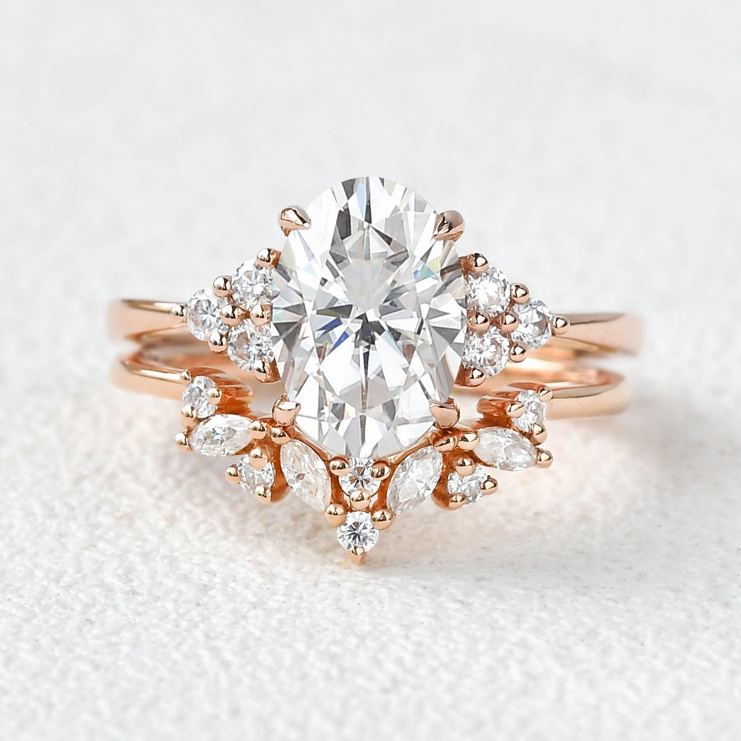 2.0ct Oval Cut Moissanite Floral Cluster Gold Ring Set 2pcs Refined Line Chic Gem