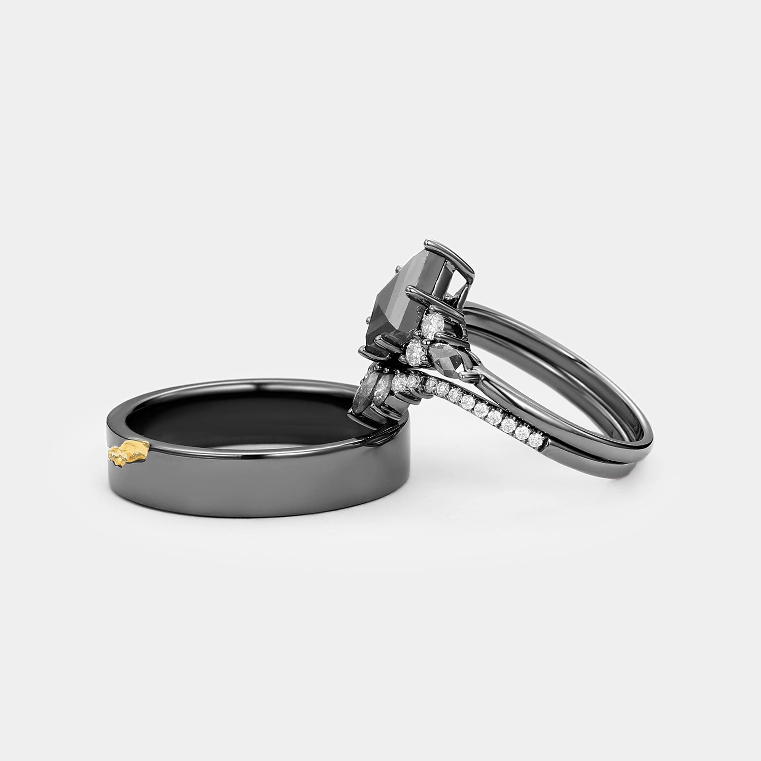 Black Gold Kite Cut Salt and Pepper Diamonds Engagement Couple Ring Set 3pcs - Rebecca Graceful Flow