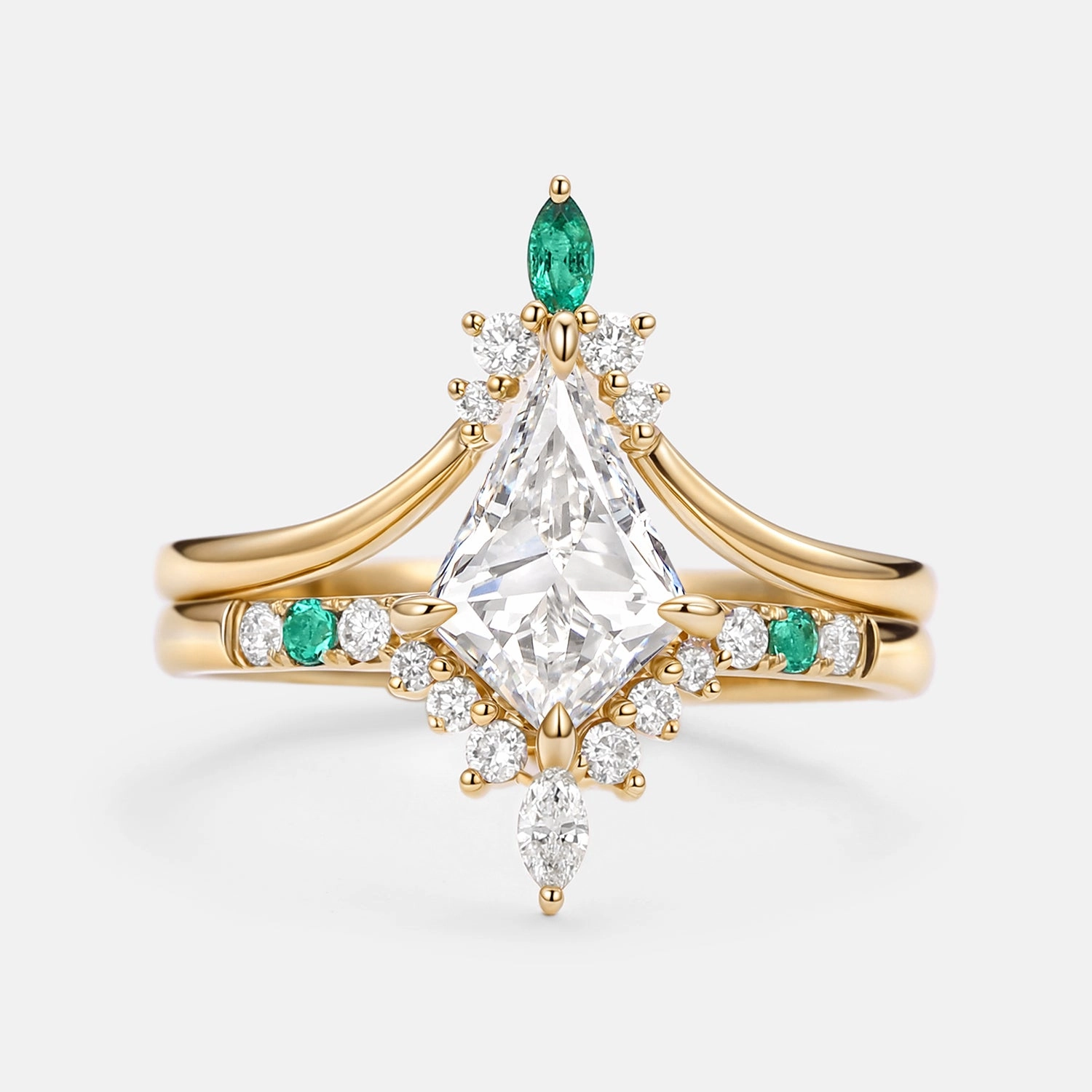 1.0ct Kite Cut Lab Grown Diamond & Emerald Engagement Ring Set 2pcs - Starla Shiny Pieces Heirloom Feel