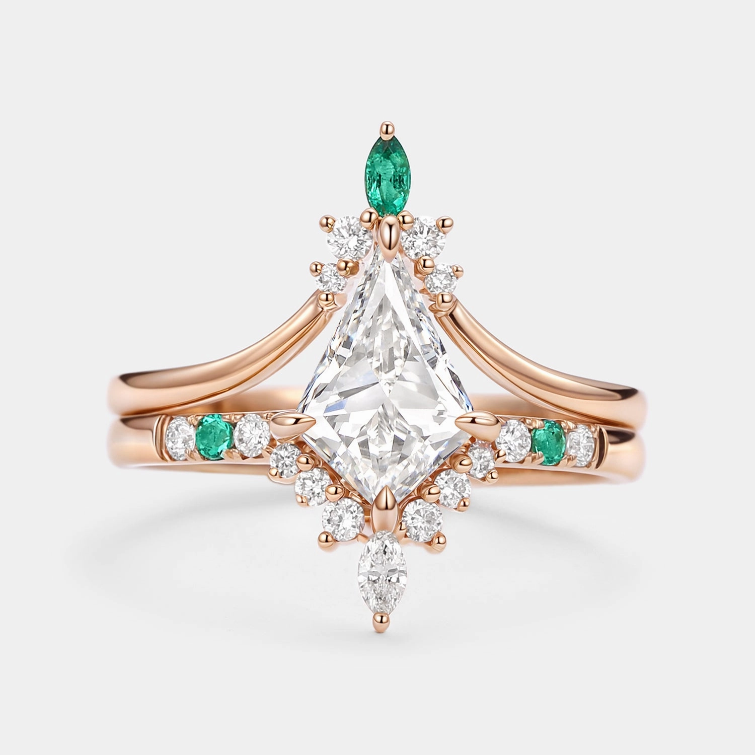 Refined Gift 1.0ct Kite Cut Lab Grown Diamond & Emerald Engagement Ring Set 2pcs - Starla