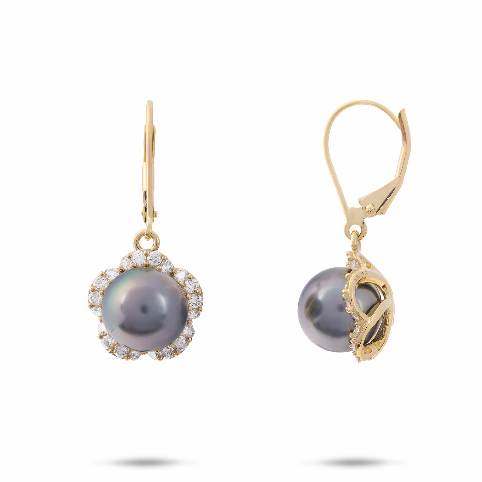 Exclusive Finish Fresh Mood Plumeria Tahitian Black Pearl Earrings in Gold with Diamonds - 9-10mm