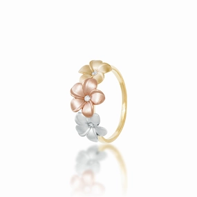 Plumeria Ring in Tri Color Gold with Diamonds - 10mm Premium Style Handcrafted Beauty