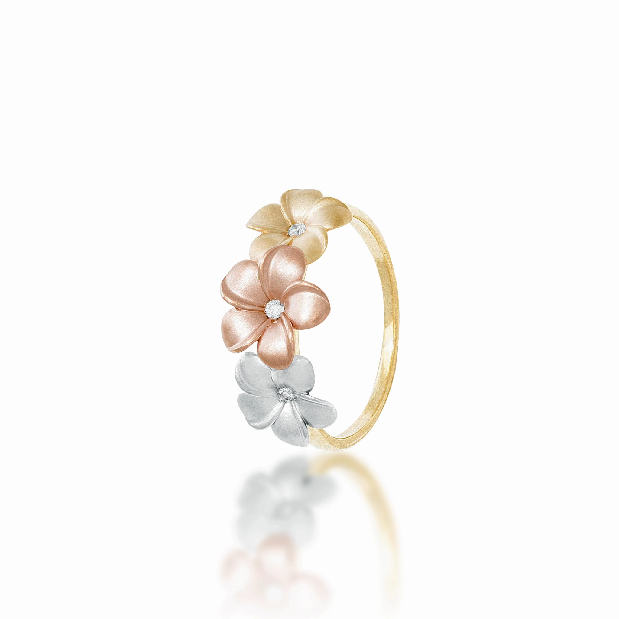 Occasion Wear Plumeria Ring in Tri Color Gold with Diamonds - 10mm