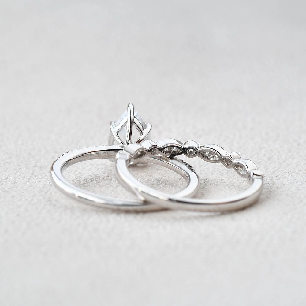 Exquisite Craft 1.3ct Pear Moissanite Pave Vintage Solitaire Ring Set 2pcs