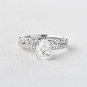 1.3ct Pear Moissanite Pave Vintage Solitaire Ring Set 2pcs Designer Craft Gift Fit
