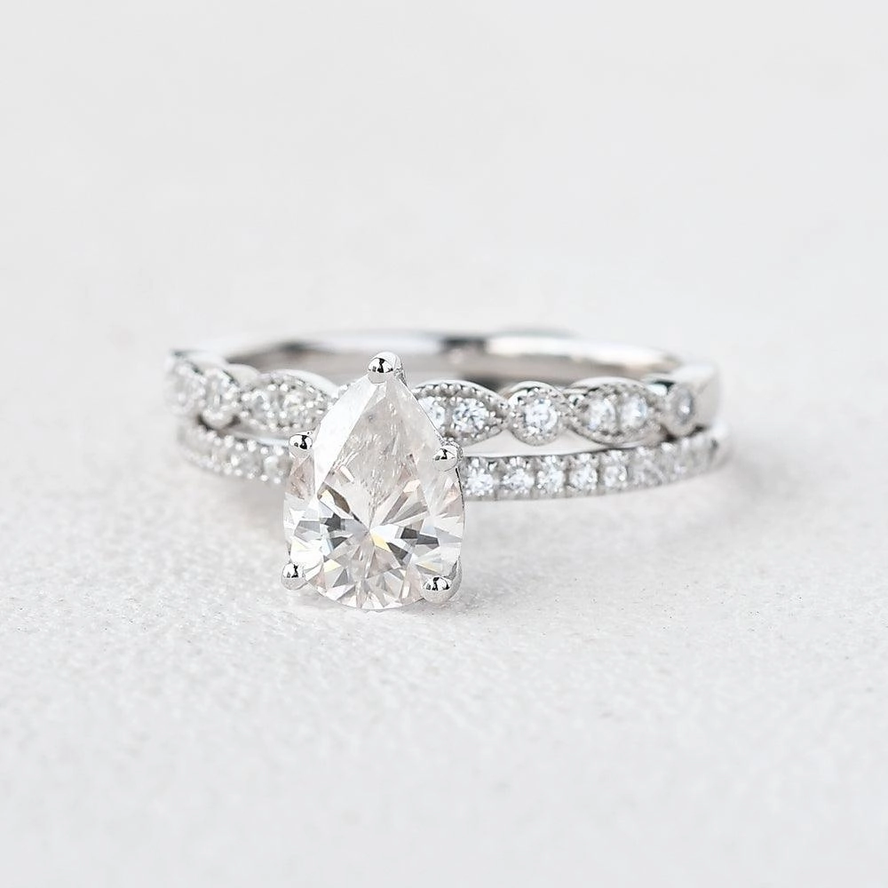 1.3ct Pear Moissanite Pave Vintage Solitaire Ring Set 2pcs Evening Style