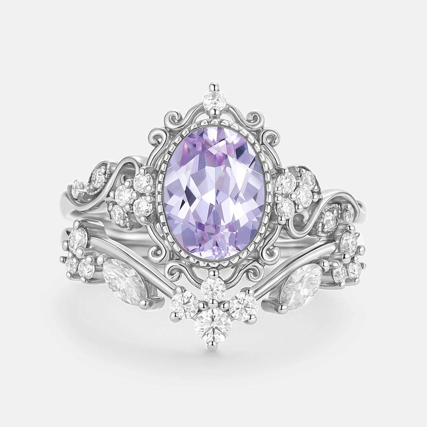 Timeless Design Oval Cut Lab Lavender Sapphire Cluster Engagement Ring Sets 2pcs - Cora