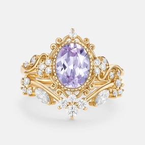 Oval Cut Lab Lavender Sapphire Cluster Engagement Ring Sets 2pcs - Cora Bold Statement Glossy Detail