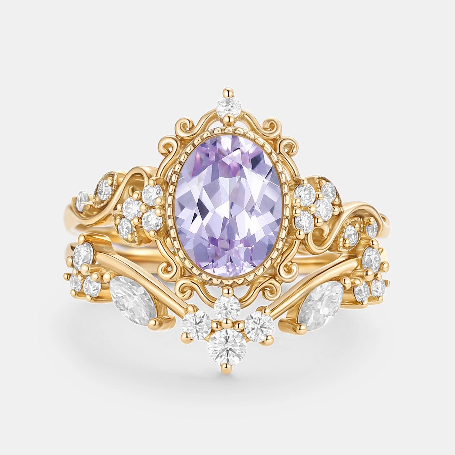 Outdoor Style Distinctive Detailing Oval Cut Lab Lavender Sapphire Cluster Engagement Ring Sets 2pcs - Cora