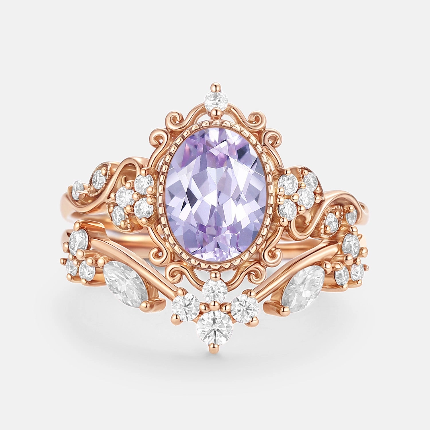 Oval Cut Lab Lavender Sapphire Cluster Engagement Ring Sets 2pcs - Cora Clear Style Everyday Duo