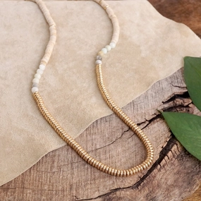 Elegant Event Boho Long Necklace with Wood Amazonite and Gold Tone Beads