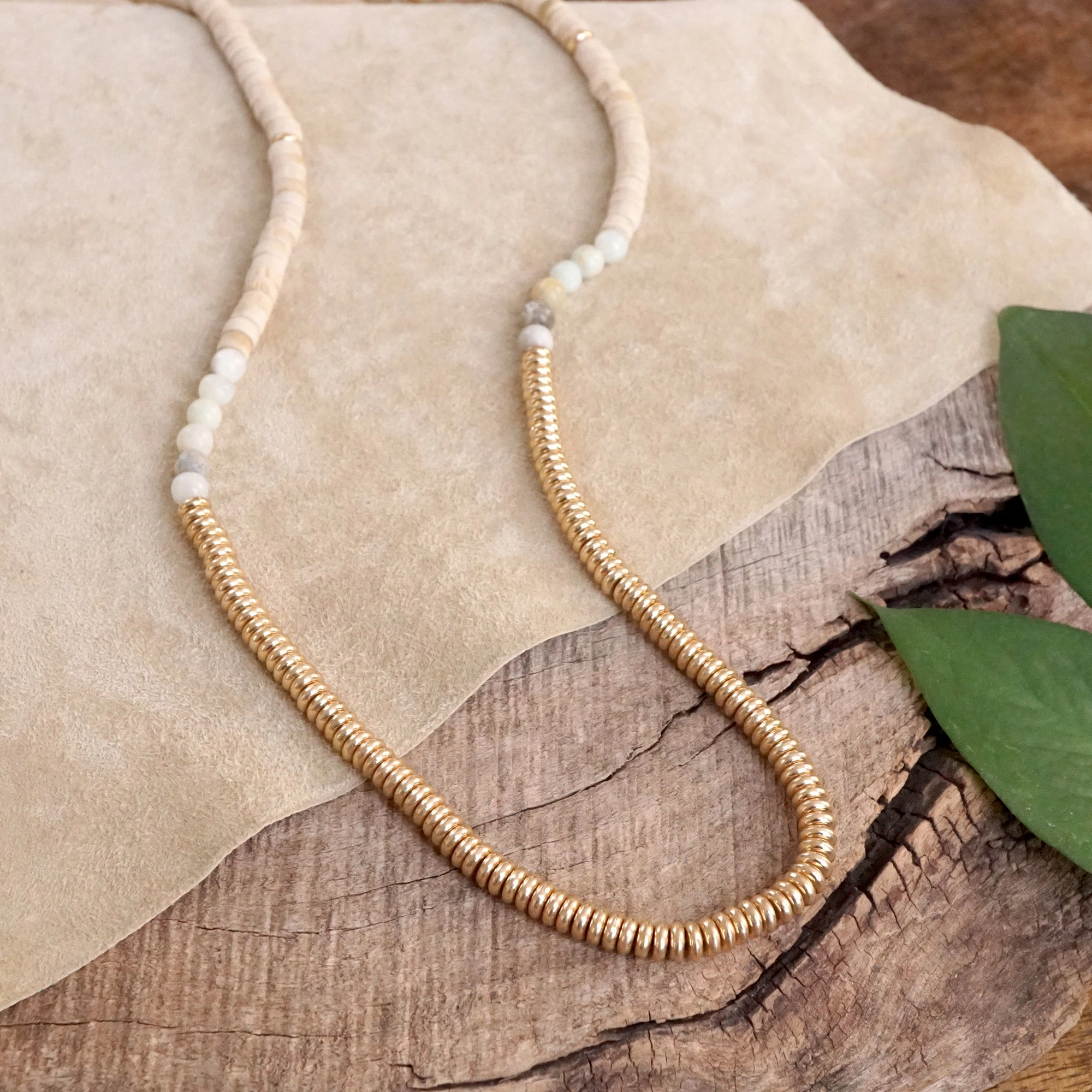 Elegant Event Boho Long Necklace with Wood Amazonite and Gold Tone Beads