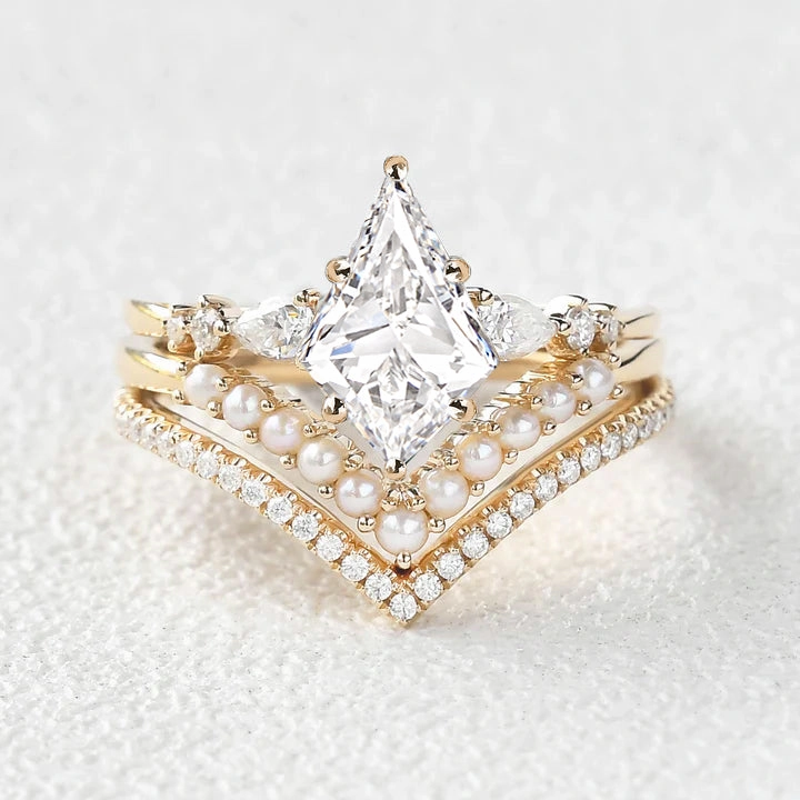 Simple Elegance Kite Cut Lab Grown Diamond Pearl Stacking Engagement Bridal Set 3pcs