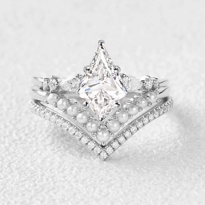 Layer Ready Anniversary Gift Kite Cut Lab Grown Diamond Pearl Stacking Engagement Bridal Set 3pcs