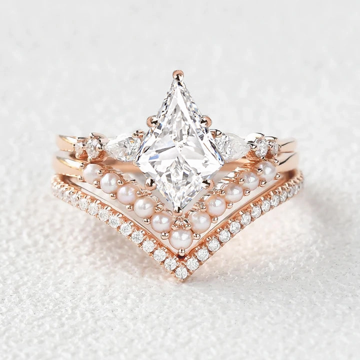 Stunning Piece Timeless Treasures Kite Cut Lab Grown Diamond Pearl Stacking Engagement Bridal Set 3pcs