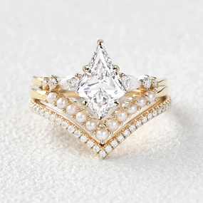 Gift For Him Kite Cut Lab Grown Diamond Pearl Stacking Engagement Bridal Set 3pcs