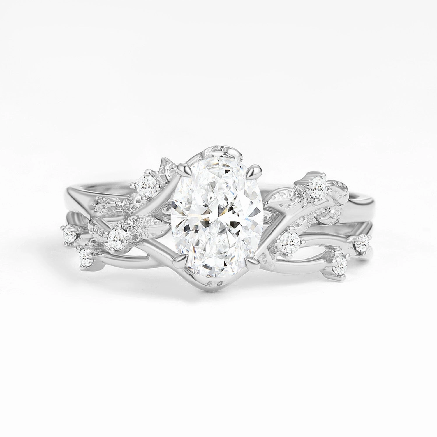 Nature Inspired - Oval Cut Lab Grown Diamond Leafy Gold Ring Set 2pcs - Mossy Light Fit