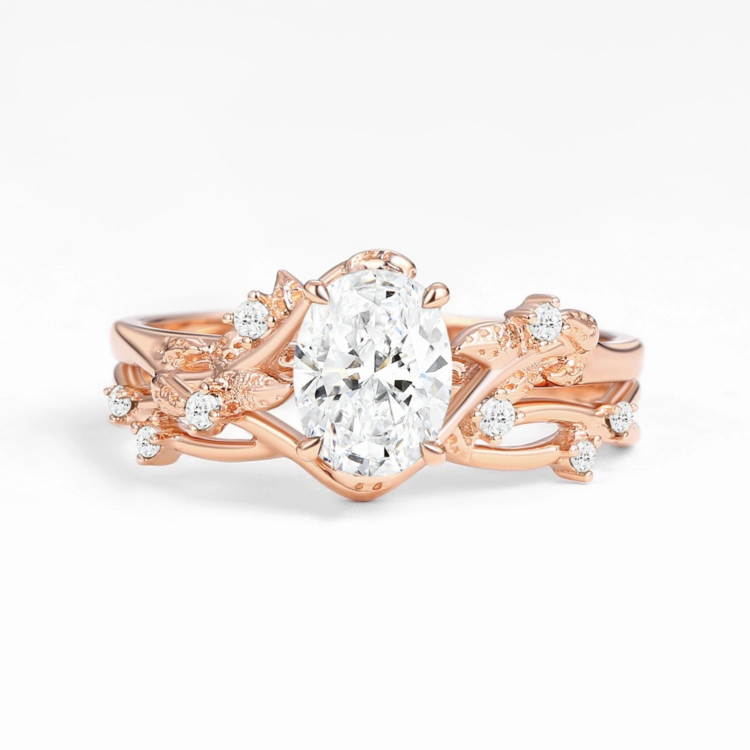 Luxe Glow Nature Inspired - Oval Cut Lab Grown Diamond Leafy Gold Ring Set 2pcs - Mossy