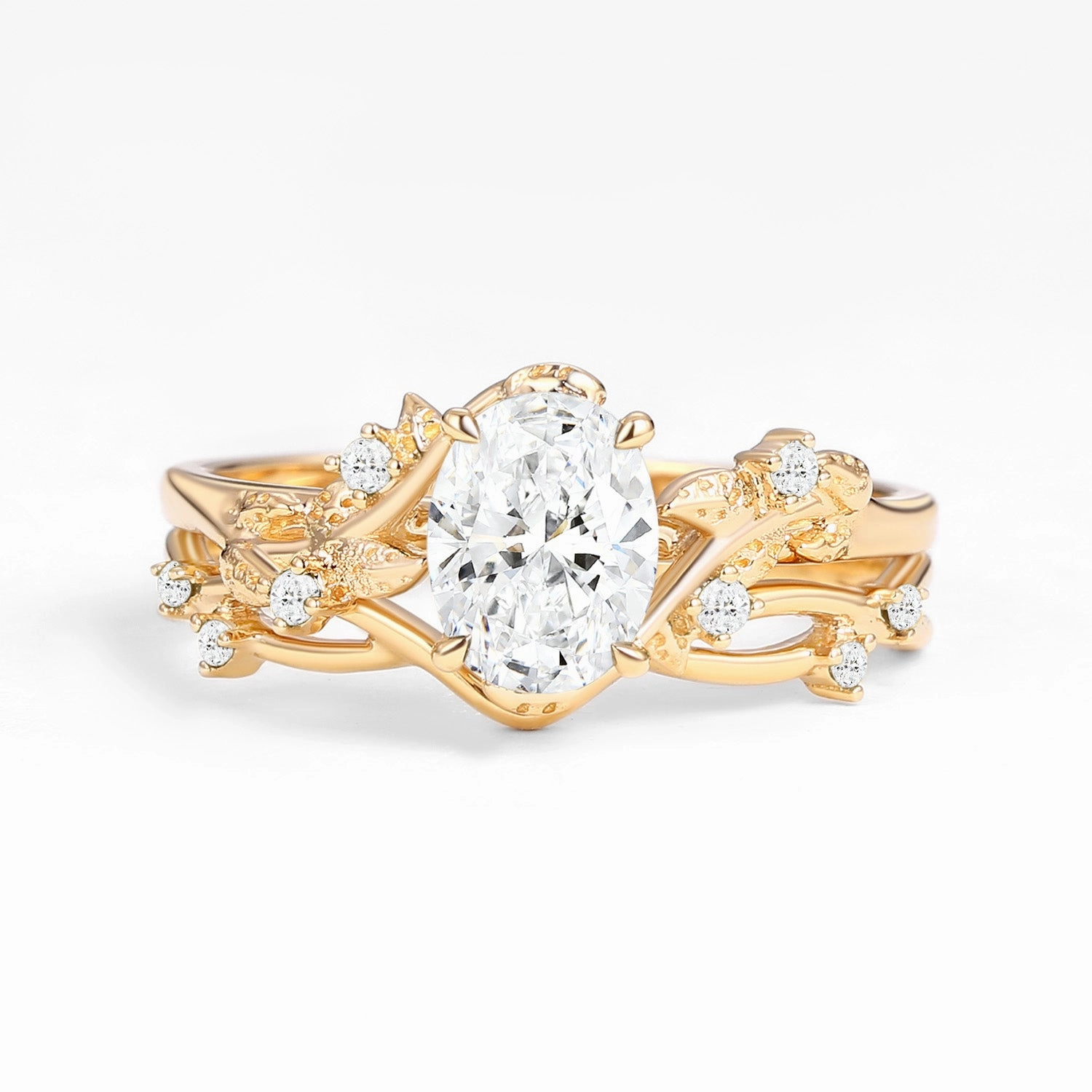 Stunning Piece Nature Inspired - Oval Cut Lab Grown Diamond Leafy Gold Ring Set 2pcs - Mossy