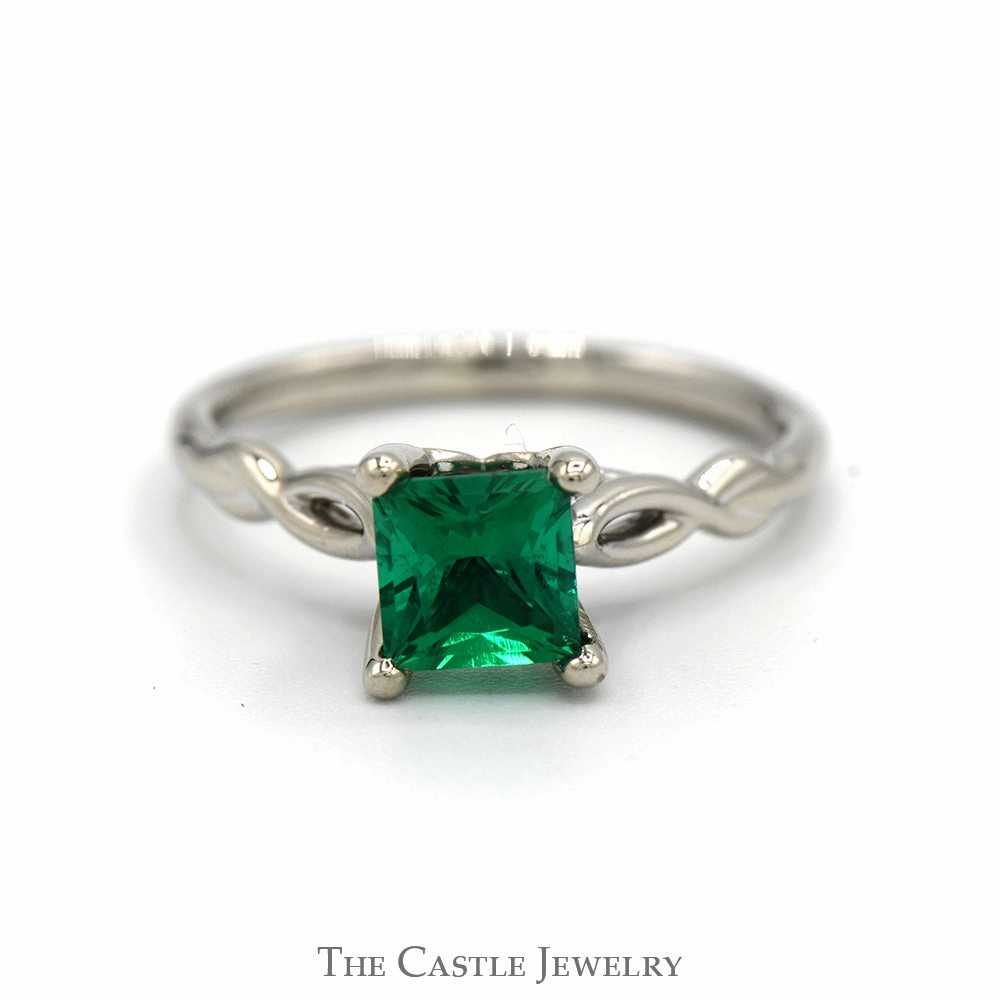 Designer Ornament Sentimental Accessory Princess Cut Synthetic Emerald Solitaire Ring in 14k White Gold Twisted Mounting