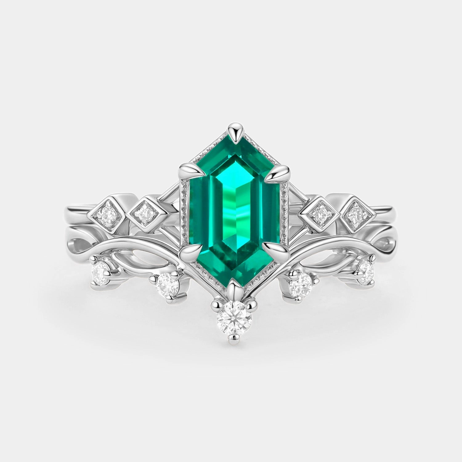 Luxury Style Sleek Feature Elongated Hexagon Lab Emerald Twig Engagement Ring Set 2pcs - Nia
