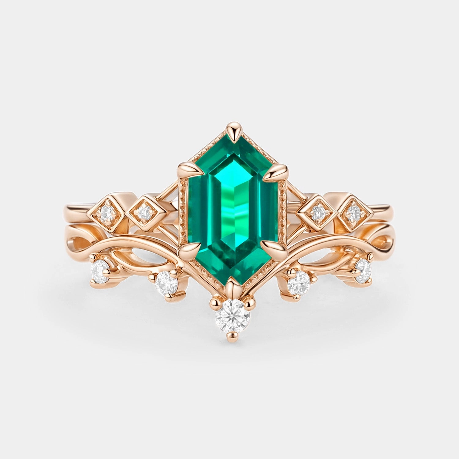 Precious Treasures Winter Party Elongated Hexagon Lab Emerald Twig Engagement Ring Set 2pcs - Nia