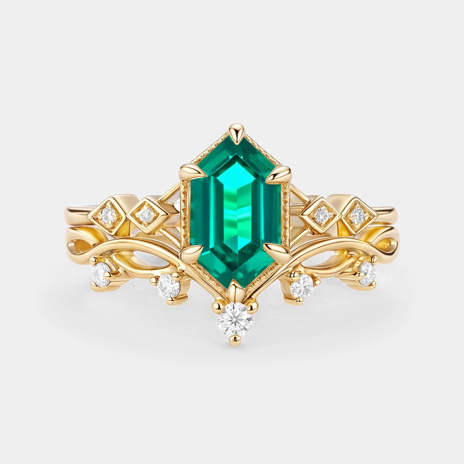 Elongated Hexagon Lab Emerald Twig Engagement Ring Set 2pcs - Nia Gleam Accent