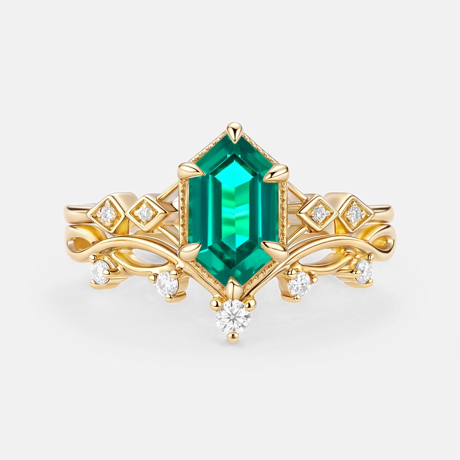 Unique Finish Elongated Hexagon Lab Emerald Twig Engagement Ring Set 2pcs - Nia