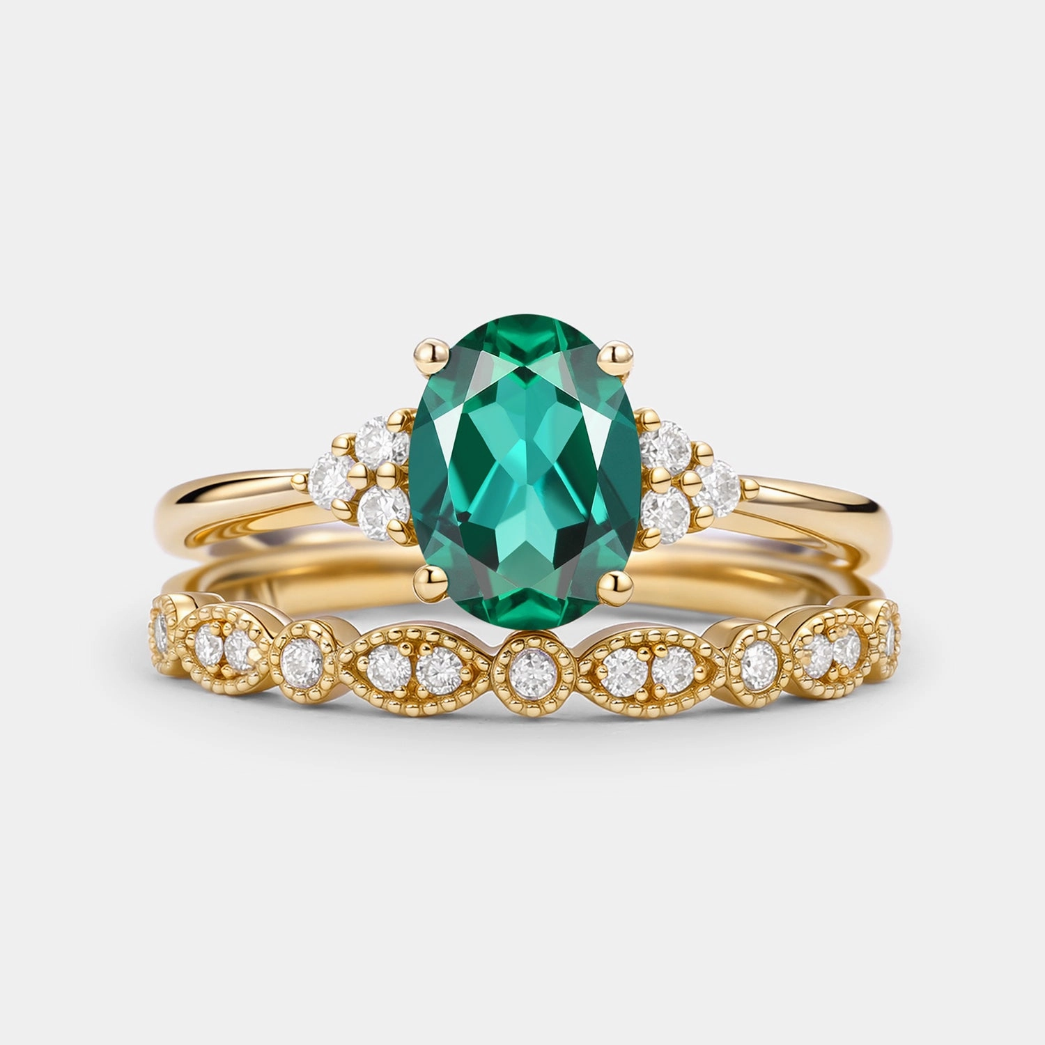 1.5ct Lab Emerald Oval Cut Yellow Gold Ring Set 2pcs - Elora Romantic Present Premium Look