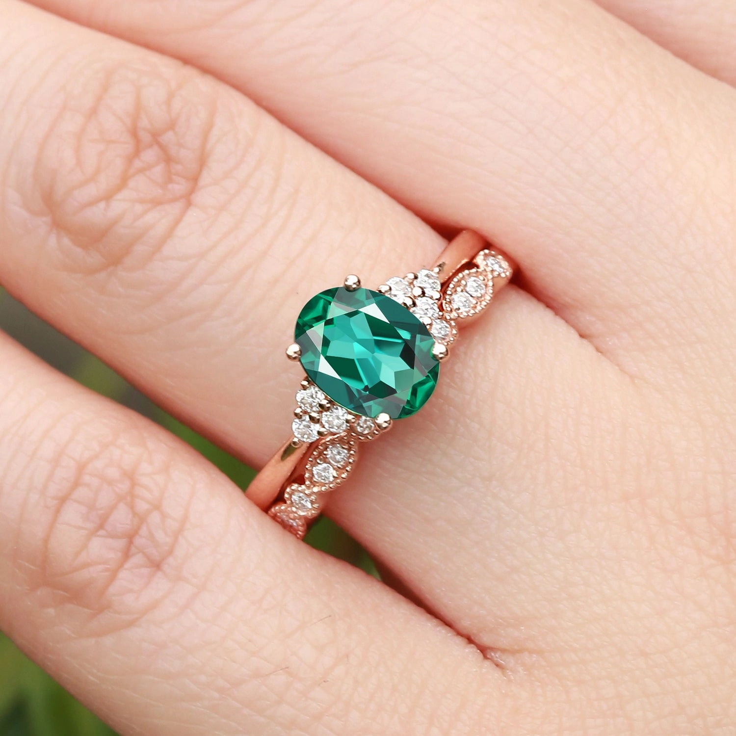 Casual Gift 1.5ct Lab Emerald Oval Cut Yellow Gold Ring Set 2pcs - Elora