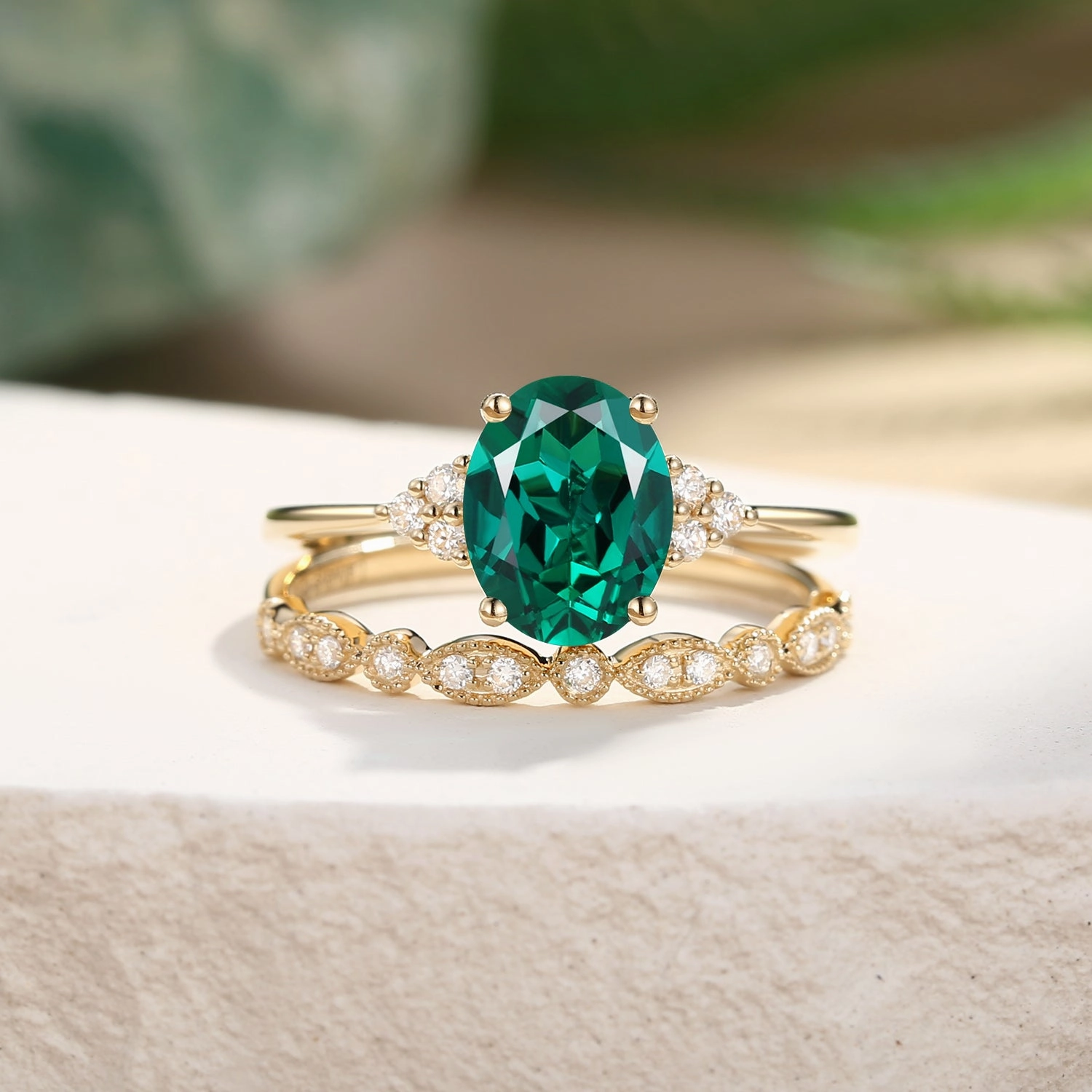 Lustrous Glow 1.5ct Lab Emerald Oval Cut Yellow Gold Ring Set 2pcs - Elora