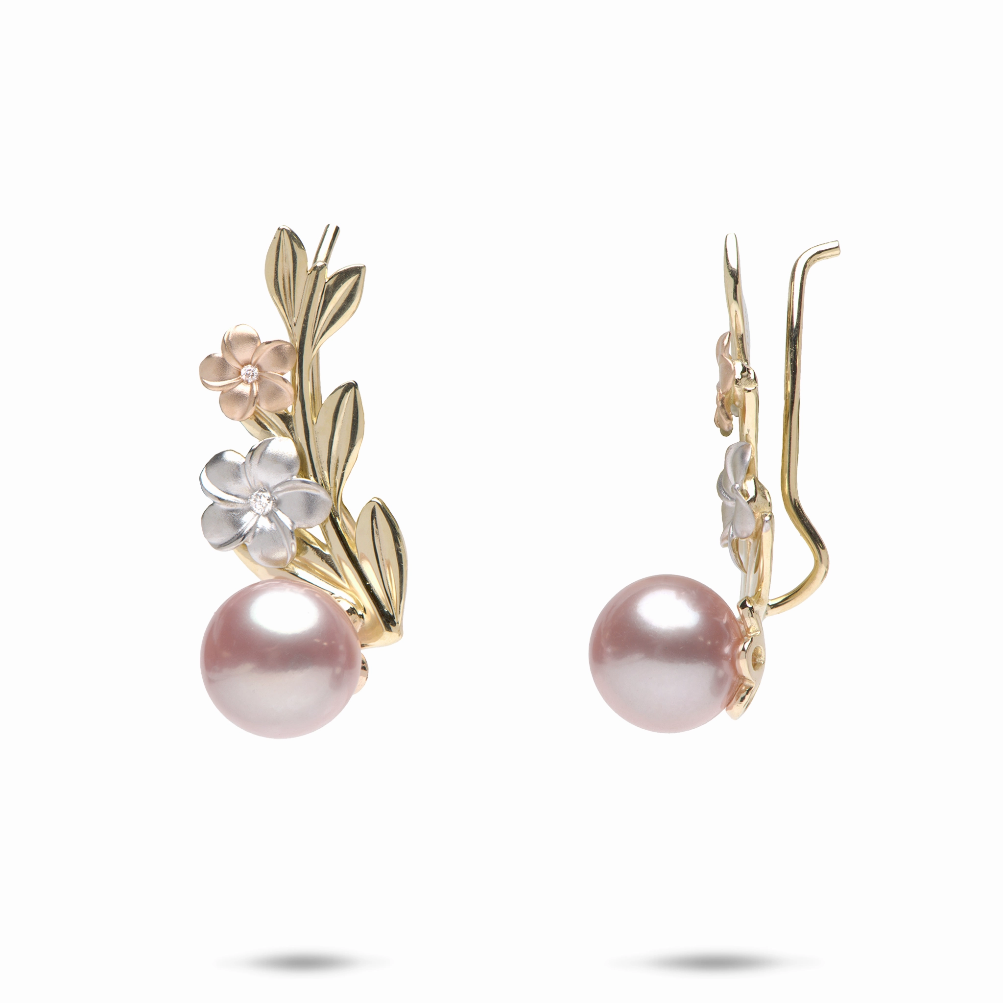 Pearls in Bloom Plumeria Lavender Freshwater Pearl Climber Earrings in Tri Color Gold with Diamonds Vibrant Shine