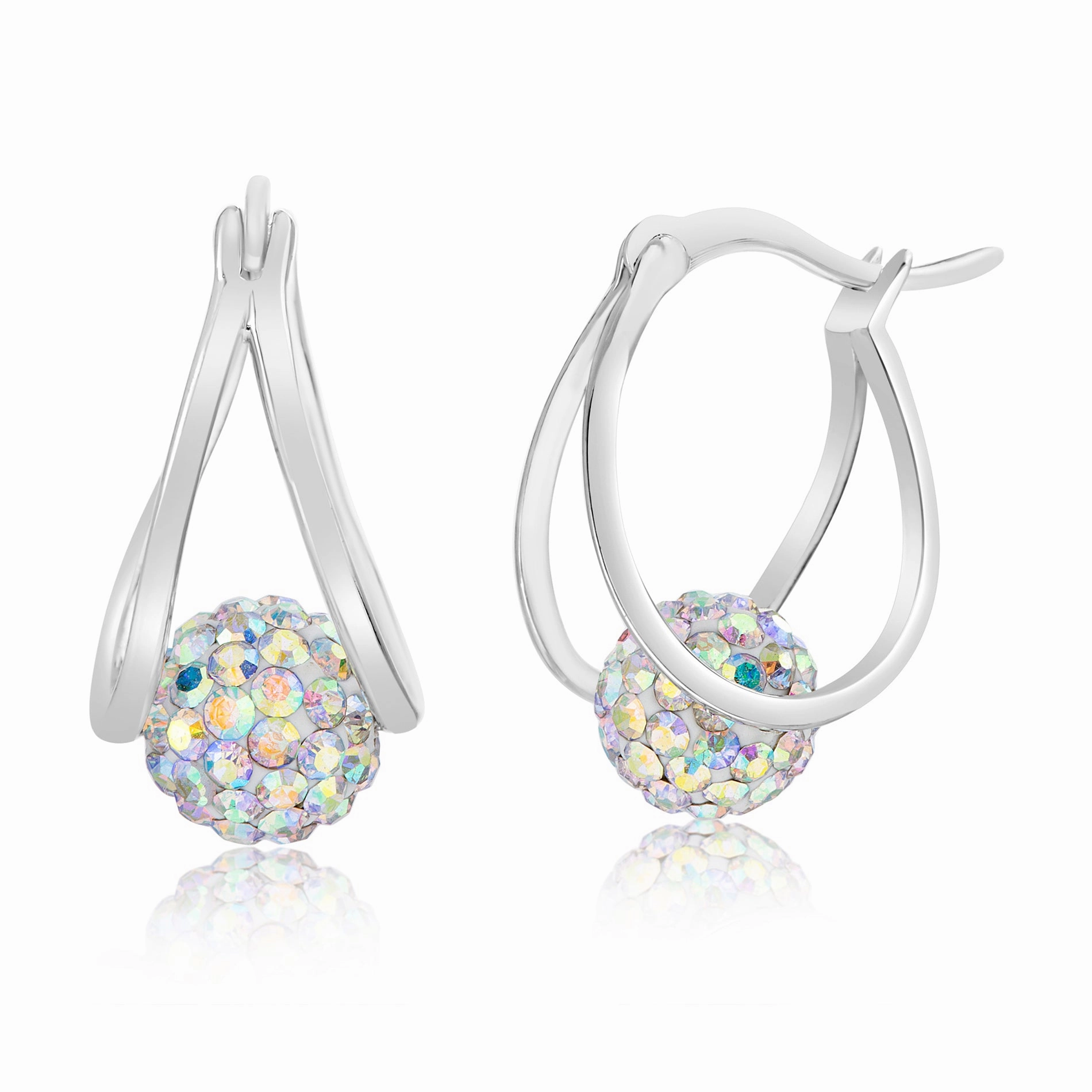 Night Ornament Lesa Michele Crystal Ball Split Hoop Earrings in Rhodium Plated Brass made with Swarovski Crystals