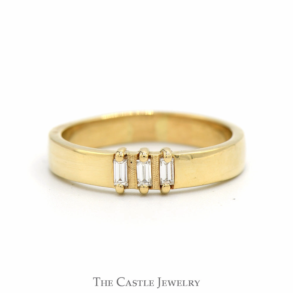 Three Stone Baguette Diamond Ring with 4mm Polished Sides in 14k Yellow Gold Gallery Art