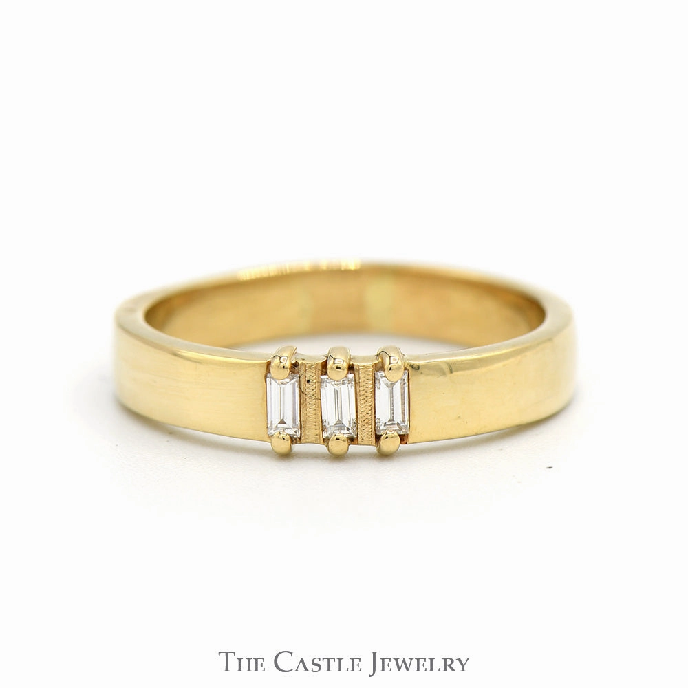 Sparkling Piece Three Stone Baguette Diamond Ring with 4mm Polished Sides in 14k Yellow Gold