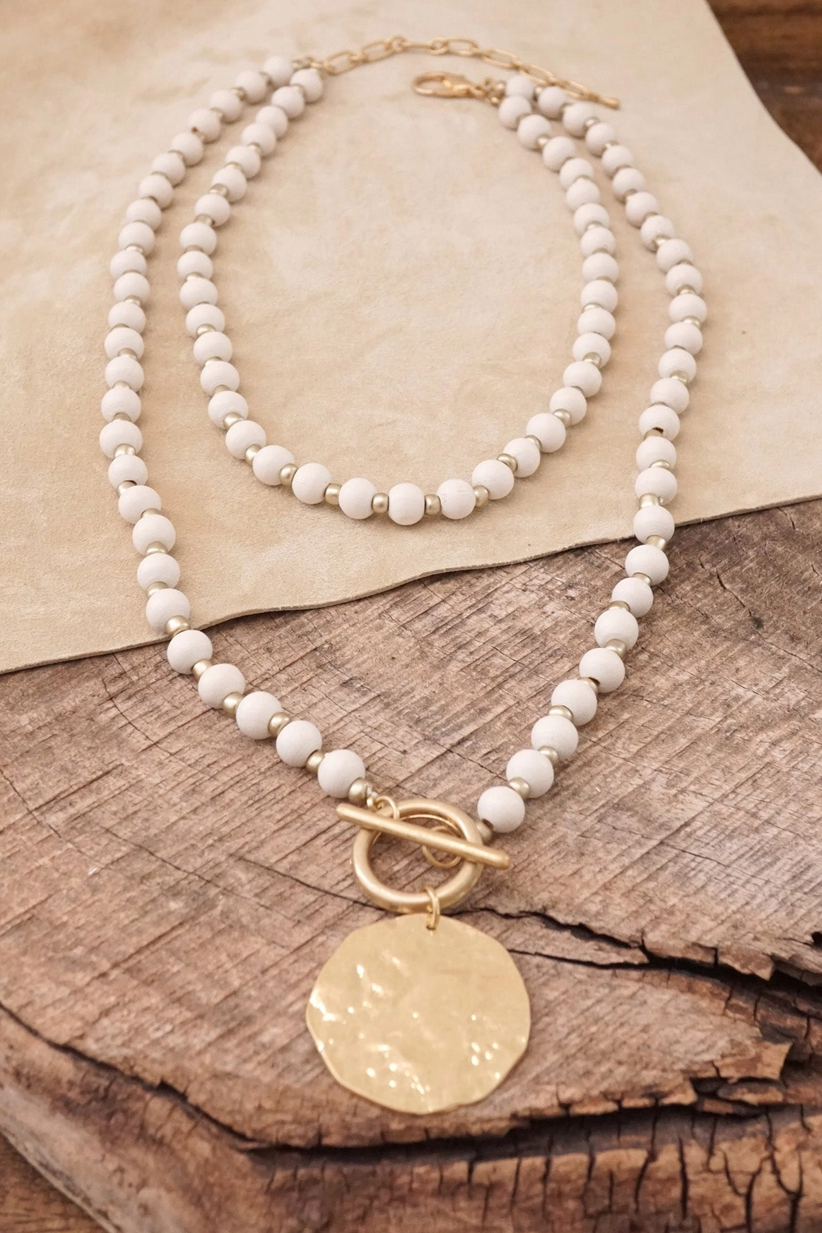 Multi Strand Wooden Beads Short Coin Necklace in Cream and Gold Perfect Piece