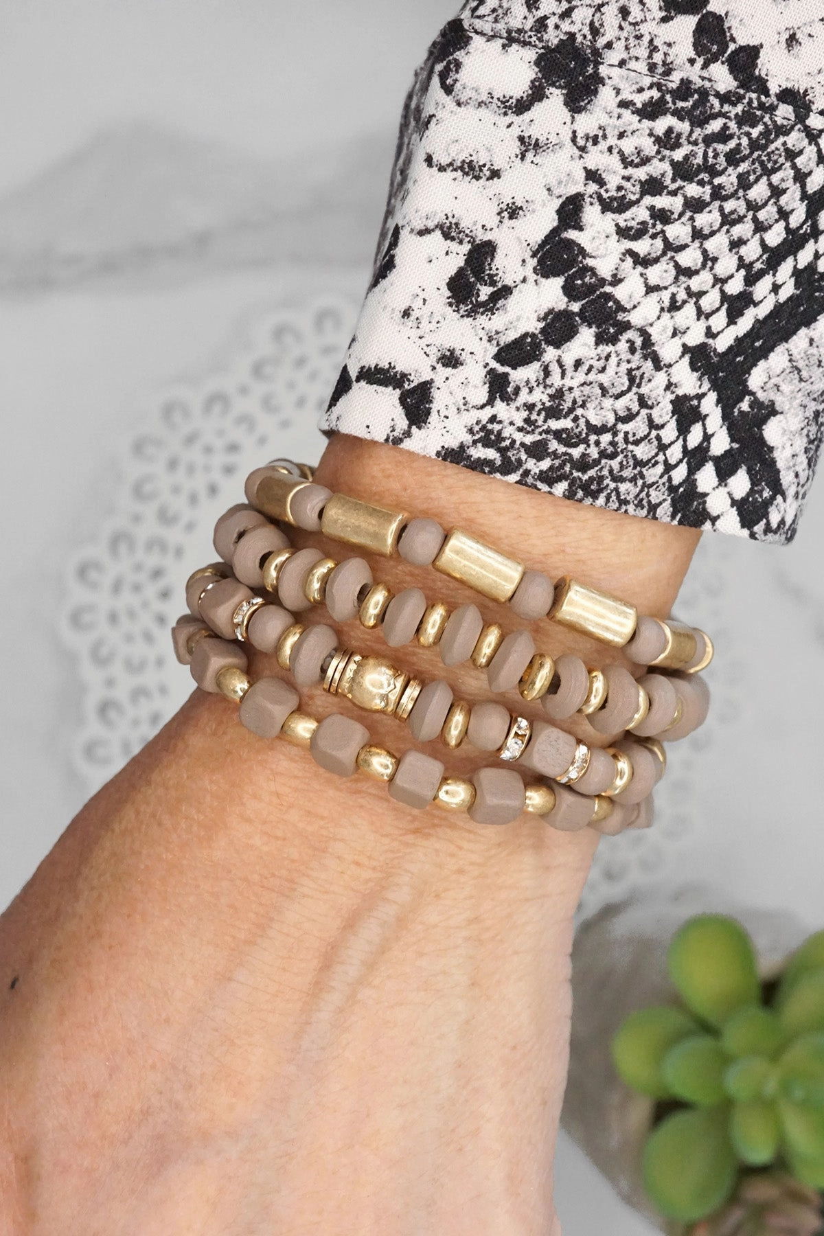 Brown Taupe Gold tone Bracelet stack Wood beads Multi shape Top Dollar