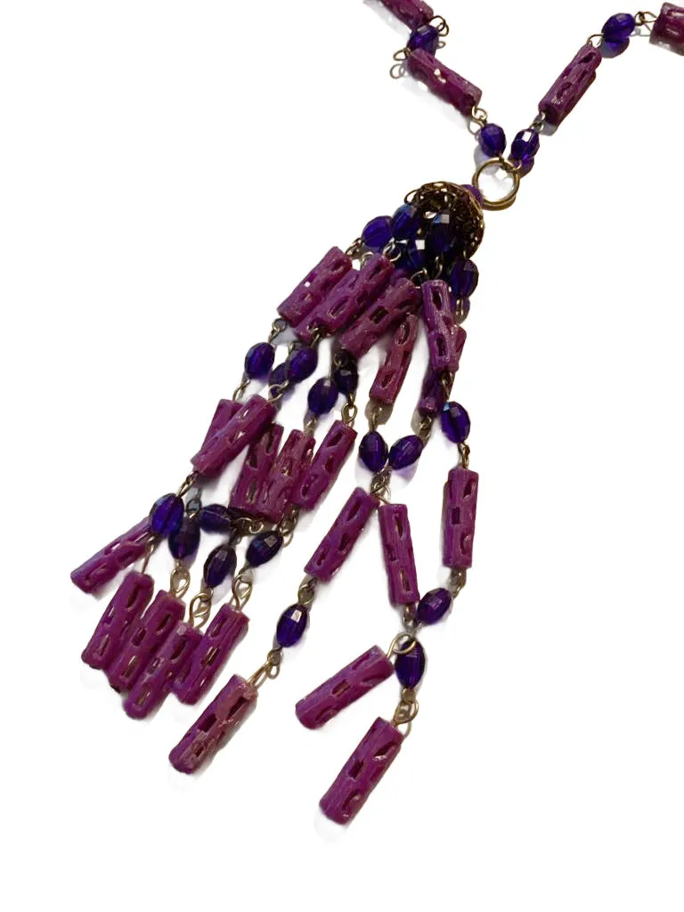 Pretty Shades of Purple Plastic Tassel Necklace and Clip Earrings Demi Set circa 1960s