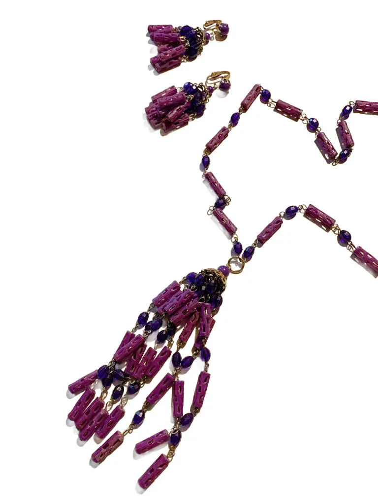 Pretty Shades of Purple Plastic Tassel Necklace and Clip Earrings Demi Set circa 1960s
