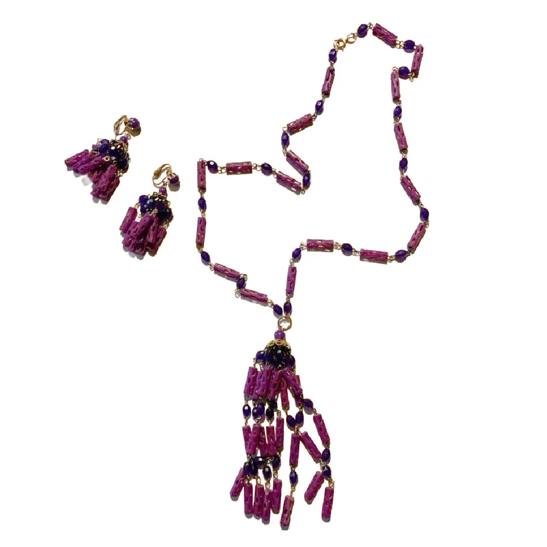 Pretty Shades of Purple Plastic Tassel Necklace and Clip Earrings Demi Set circa 1960s