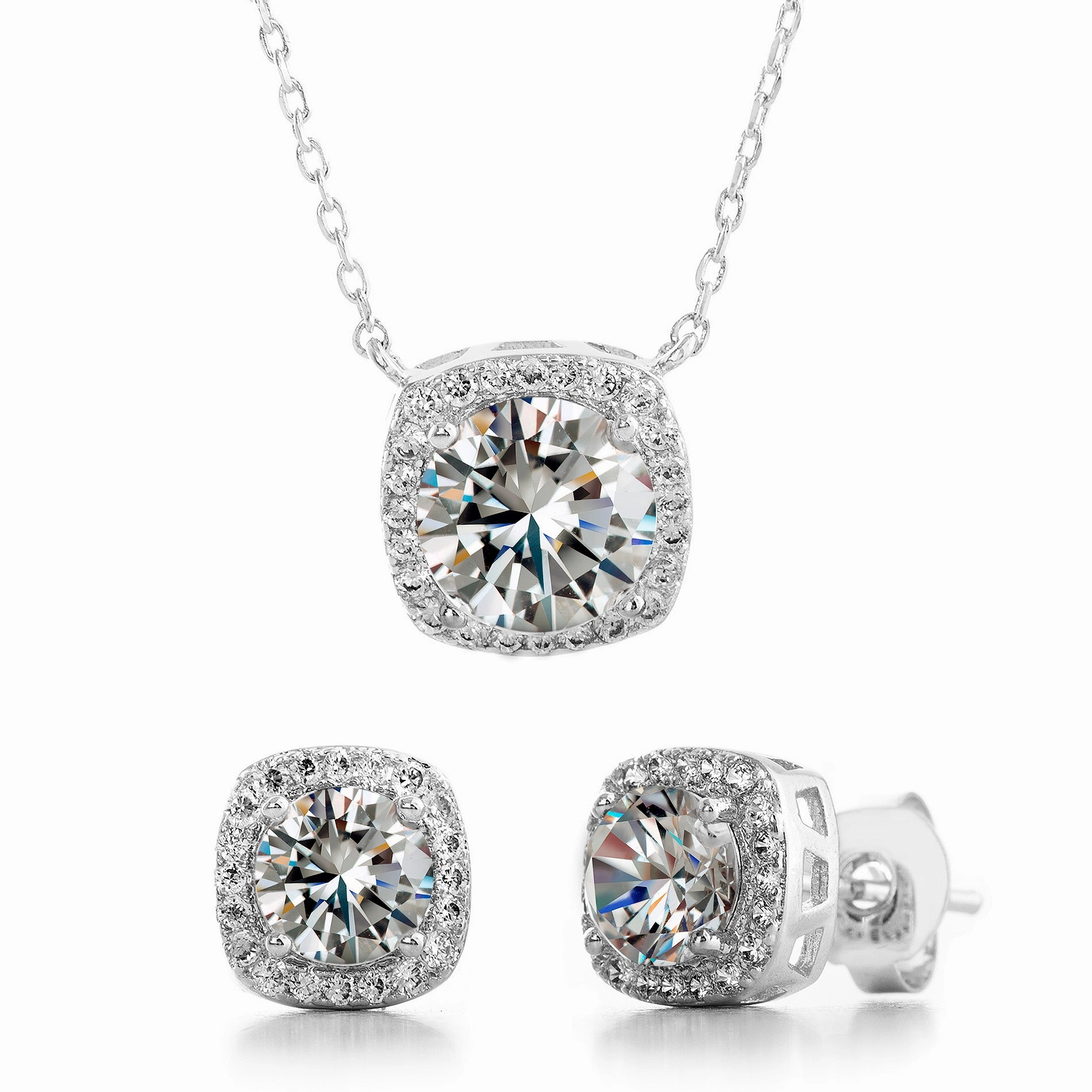 Holiday Adornment Sturdy Item Cushion Shaped Halo Crystal Stud Earrings and Pendant 2pc Set