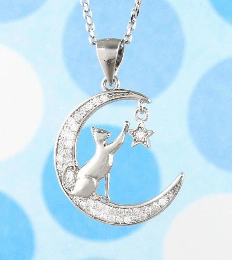 for youth Cat Reaching for a Star on a Crescent Moon Pendant