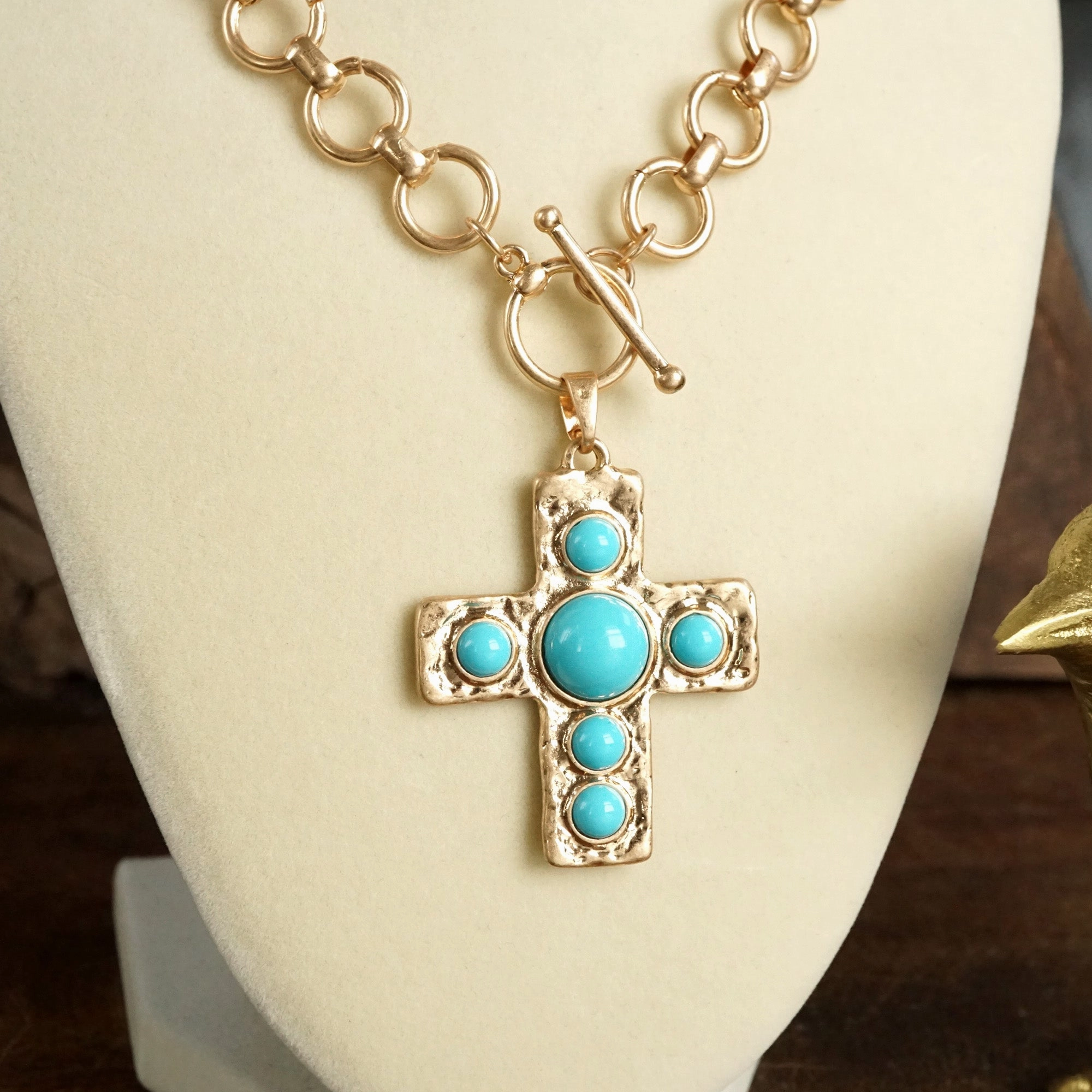 Lightweight Choice Primitive Cross Necklace ?C Worn Gold Tone with Acrylic Turquoise or Pearl Cabochons