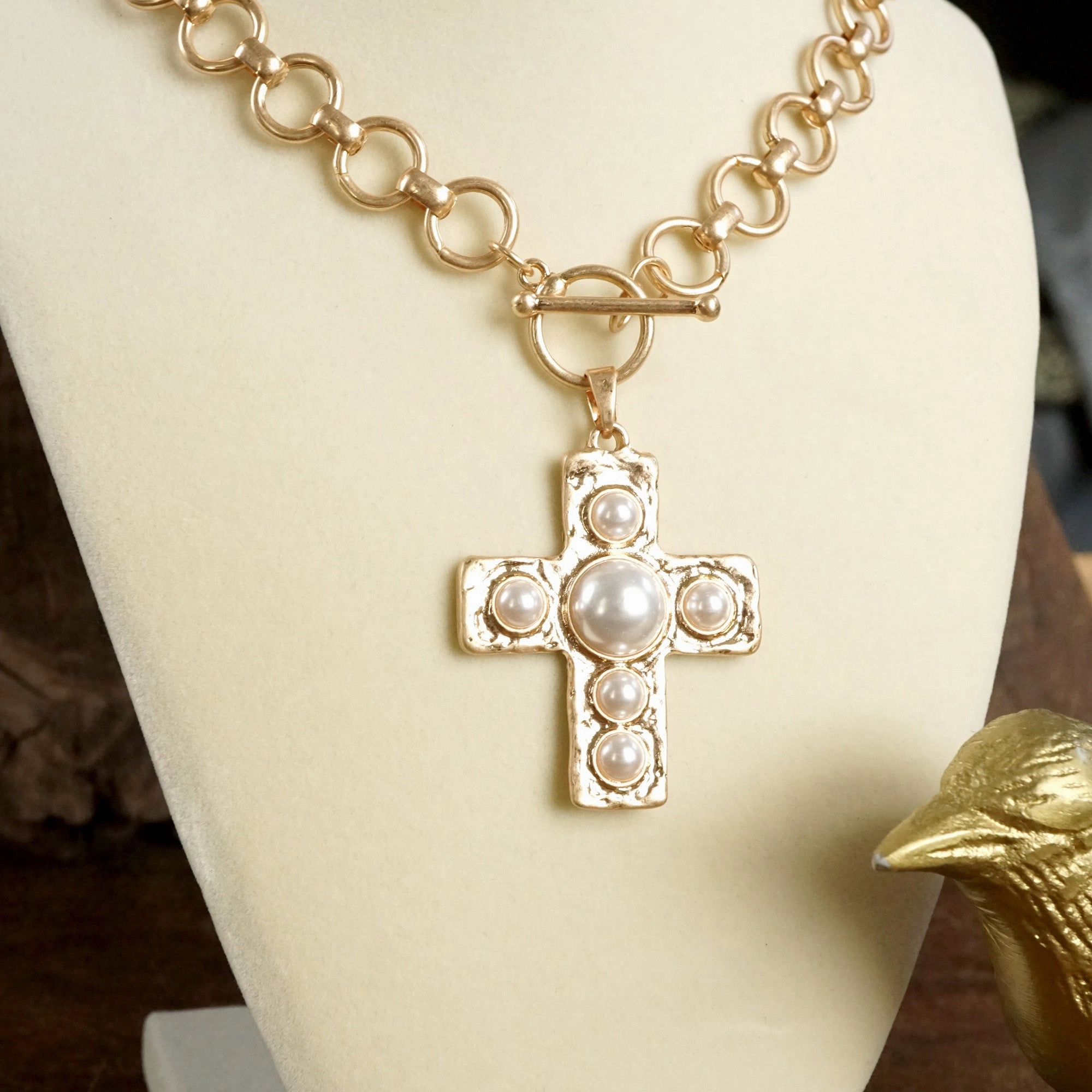 Primitive Cross Necklace ?C Worn Gold Tone with Acrylic Turquoise or Pearl Cabochons Cool Accent